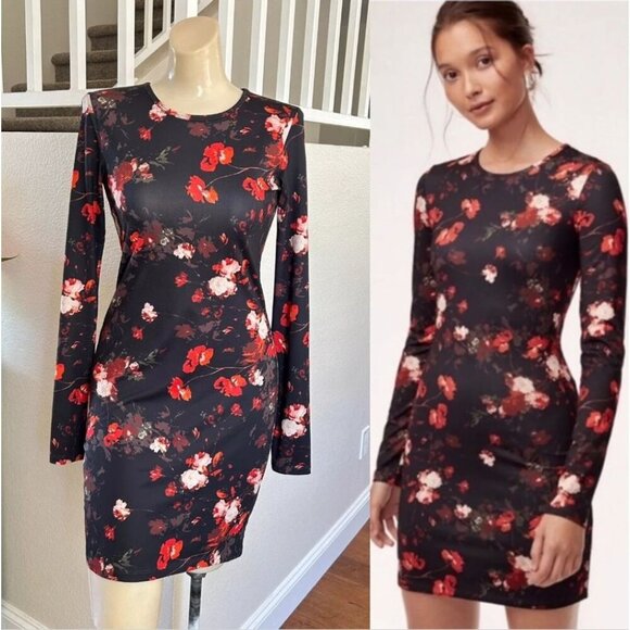 Aritzia Wilfred The Fleure Long Sleeve Floral Mini Dress Womens Size L Bodycon - Picture 1 of 6